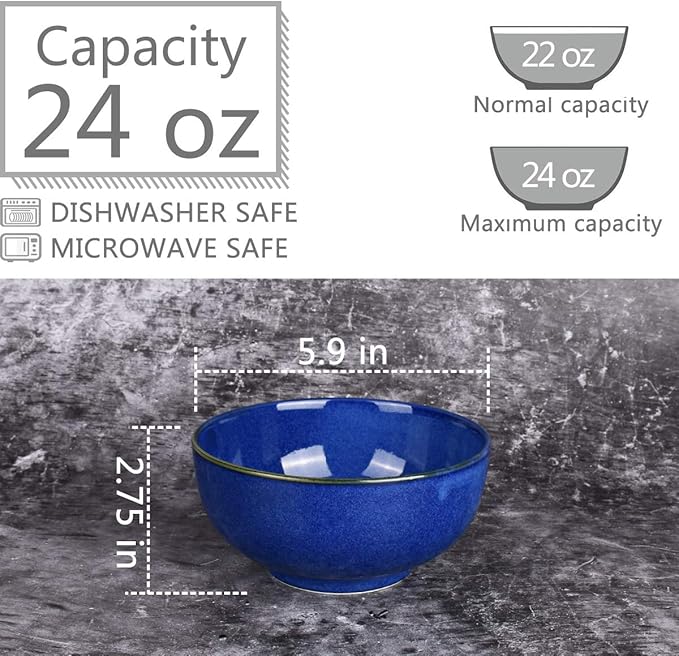 Bosmarlin Royal Blue Ceramic Bowls 24oz - Set of 4