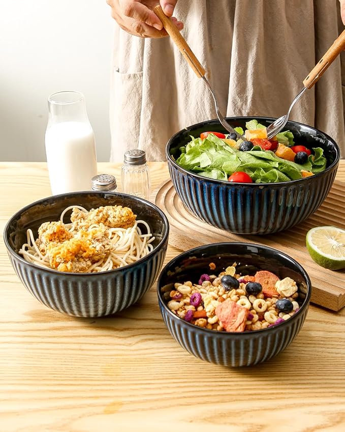 Hasense Navy Ceramic Nesting Bowls 3-Piece Set