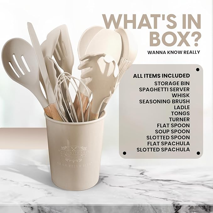 Bella Vita 12-Piece Silicone Kitchen Set with Wooden Handles