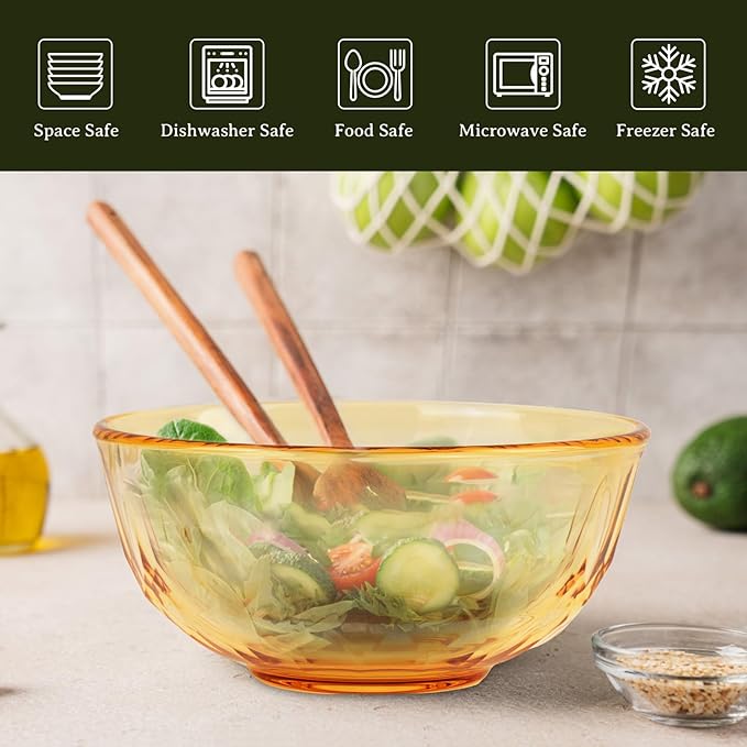 BEVIEVER Amber Glass Mixing Bowls 6.6 Inch 34 OZ Large Premium Glass Salad Bowl Baking Soup Dessert and Snacks Bowl Kitchen Essentials of 2 Pack Dishwasher Microwave and Oven Safe