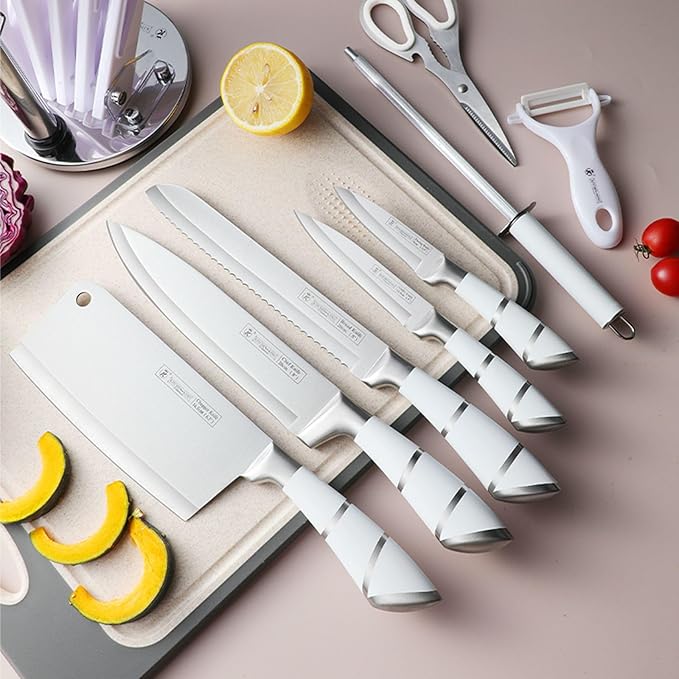 Retrosohoo 9-Piece Elegant White Chef Knives Set with Sharpener and Stand