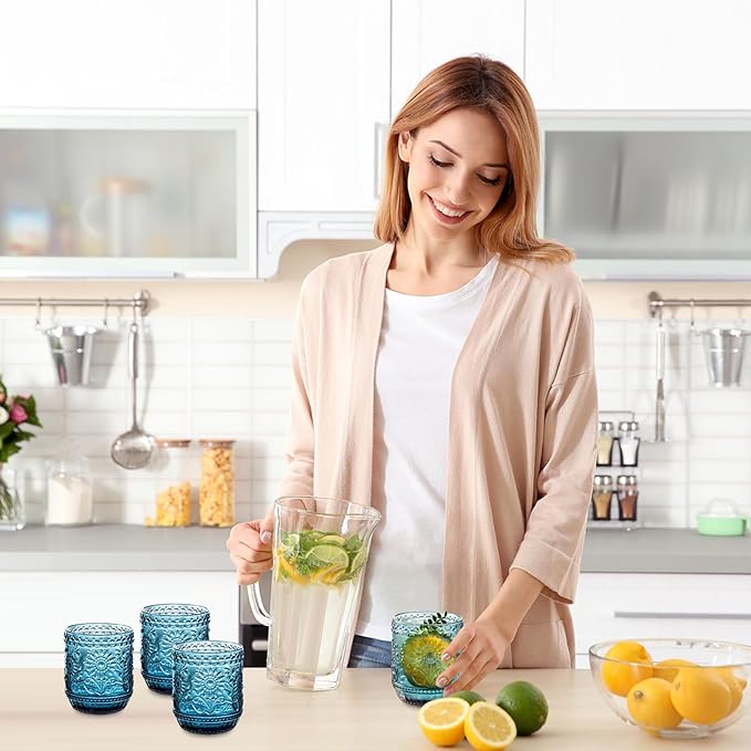 SoulTimes Vintage Floral Glass Set - 12oz Blue Glassware 4-Pack