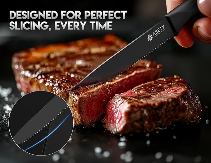 Elegant Serrated Steak Knife 6-Set in Black Box