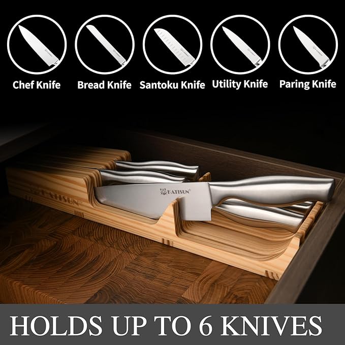 KATISUN 6-Piece Chef's Knife Set with Pine Block Organizer