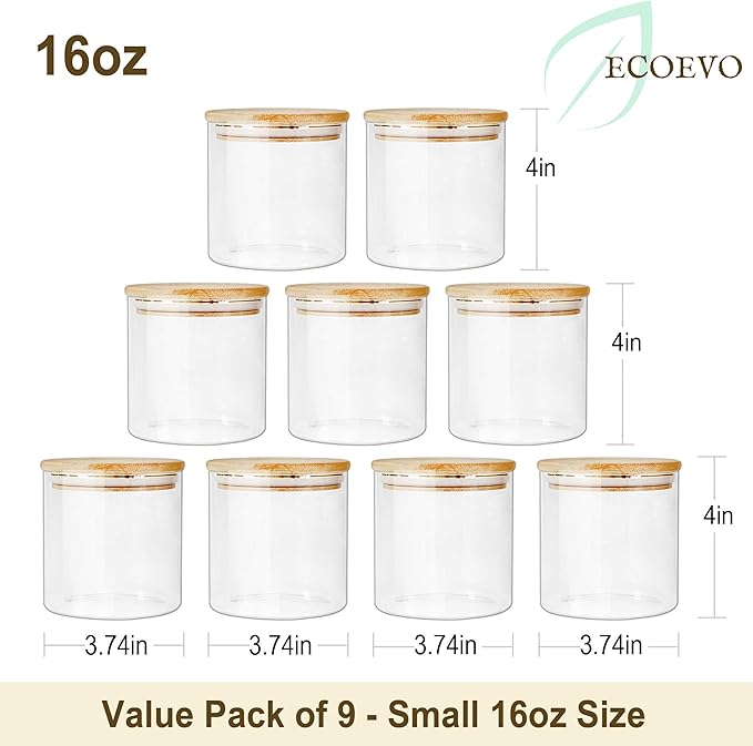 EcoEvo Bamboo-Lid Glass Storage Jars (16oz 9-Pack)