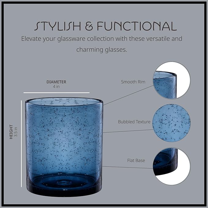ARTLAND 14oz Slate Blue Old Fashion Glass Set | Iris Seeded Design | Versatile Barware
