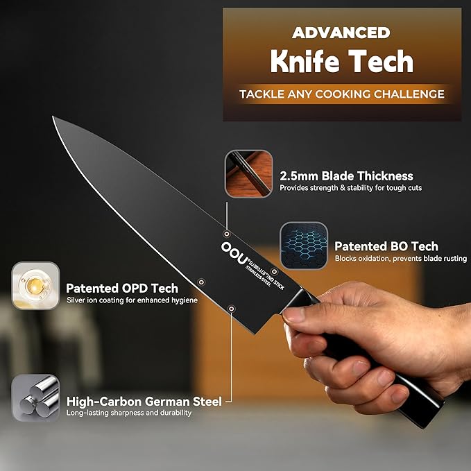 OOU 15-Pc Chef Knife Set with Walnut Block