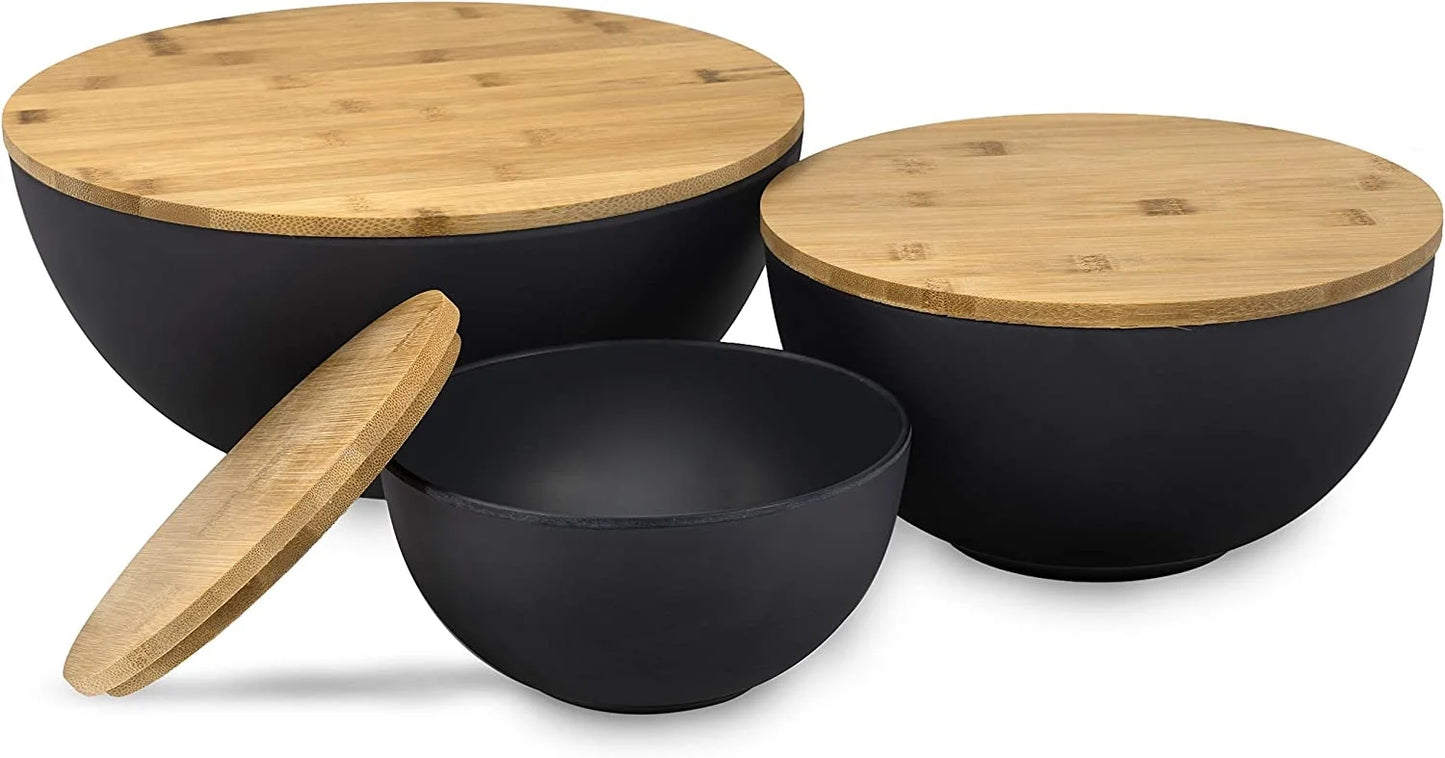 3-Piece Large Salad Bowl Set with Bamboo Lids