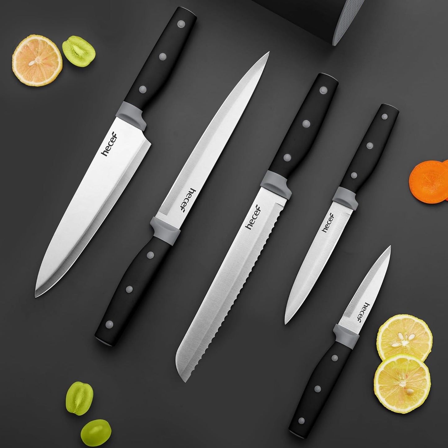 hecef 6-Piece Stainless Steel Knife Set with Block