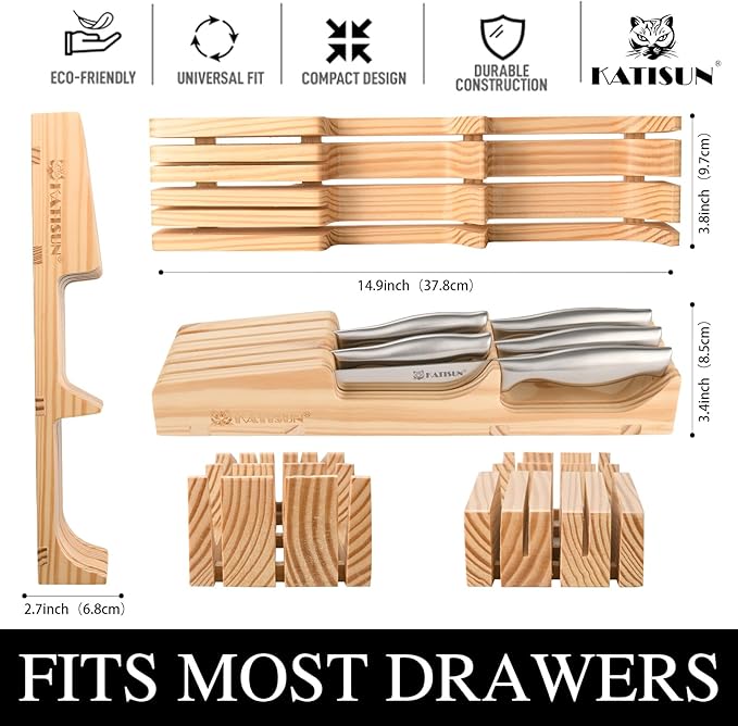 KATISUN 6-Piece Chef's Knife Set with Pine Block Organizer