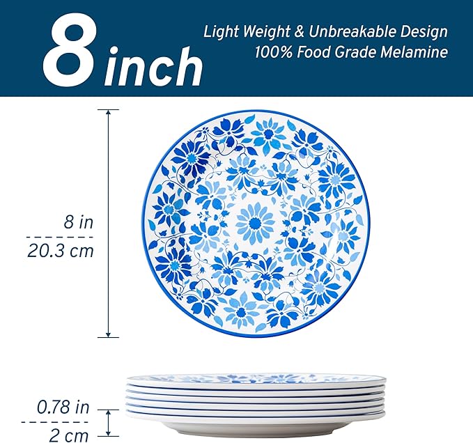 Blue Flora 6-Piece Melamine Plate Set