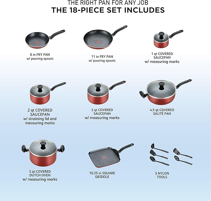 T-fal 18-Piece Red Nonstick Cookware Essentials