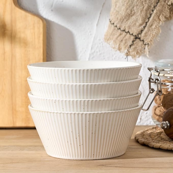 JIEMEI Striped Ceramic Bowls 24oz - Set of 4 for Soup, Salad, Dessert - Microwave & Dishwasher Safe