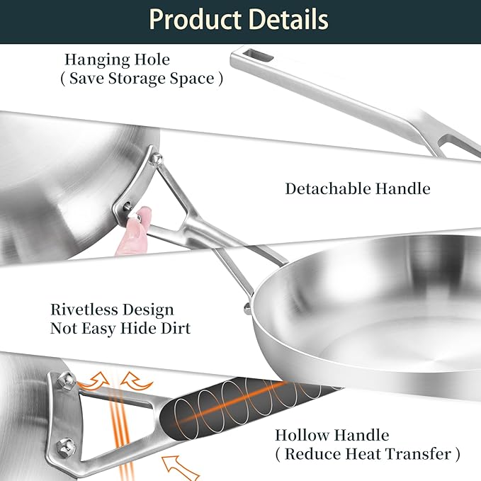 Yeksum Dual-Size Stainless Steel Skillet Pair, Induction and Oven Safe