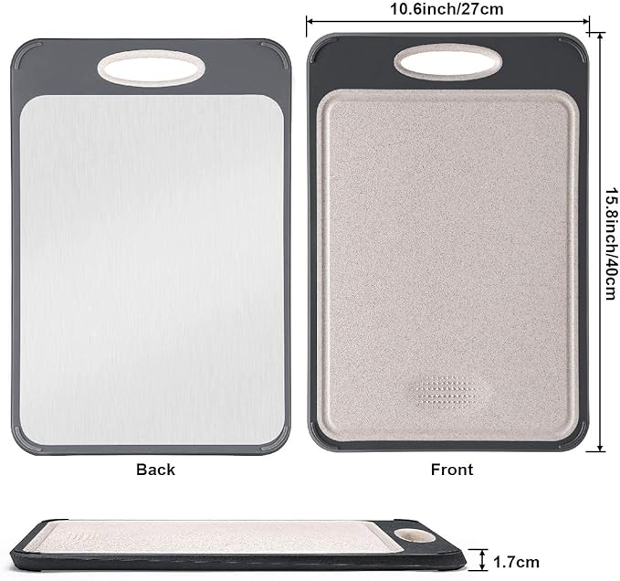 FBERS Dual-Surface Chef's Board 304 Stainless & Wheat Straw, 13.78x9.84 Inch