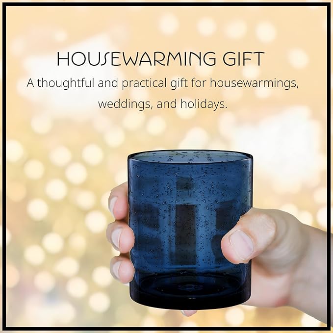 ARTLAND 14oz Slate Blue Old Fashion Glass Set | Iris Seeded Design | Versatile Barware