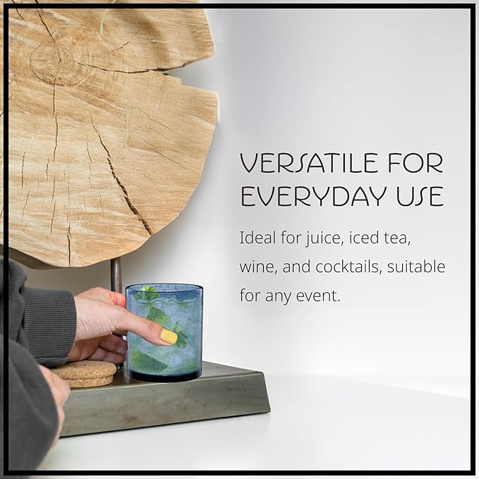 ARTLAND 14oz Slate Blue Old Fashion Glass Set | Iris Seeded Design | Versatile Barware