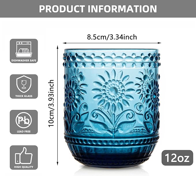 SoulTimes Vintage Floral Glass Set - 12oz Blue Glassware 4-Pack