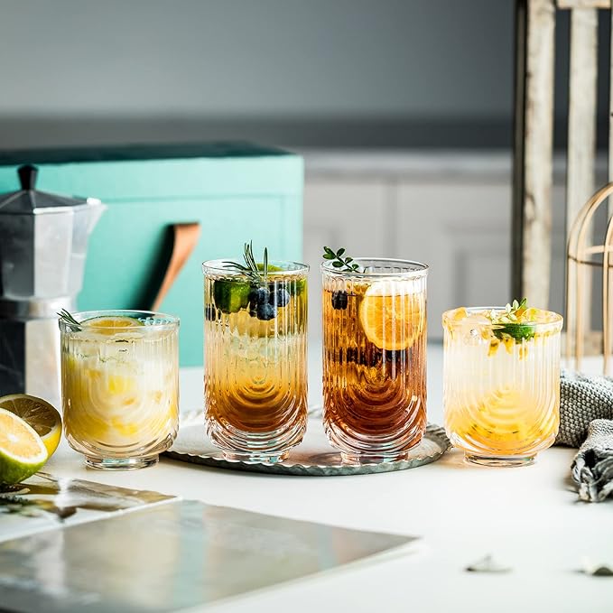 ArchCraft Drinking Glass Set - 4pc Art Deco Ripple Cups