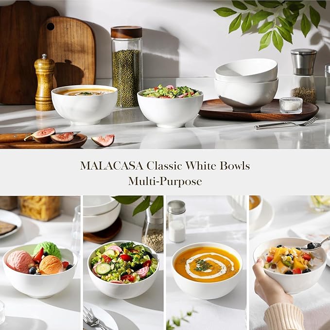 MALACASA 26 oz White Porcelain Cereal Bowls - Set of 4