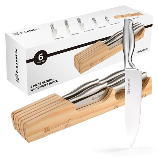 KATISUN 6-Piece Chef's Knife Set with Pine Block Organizer