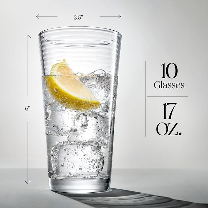 Glavers Highball Glass Set 10 Pc - 17 Oz Ribbed Glassware