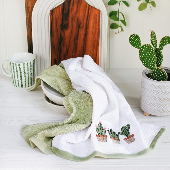 Cactus Charm Cotton Kitchen Towels - Super Absorbent and Soft, Pack of 2