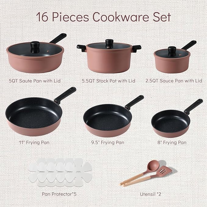 CAROTE 16-Piece Nonstick Cookware Set with Silicone Accessories