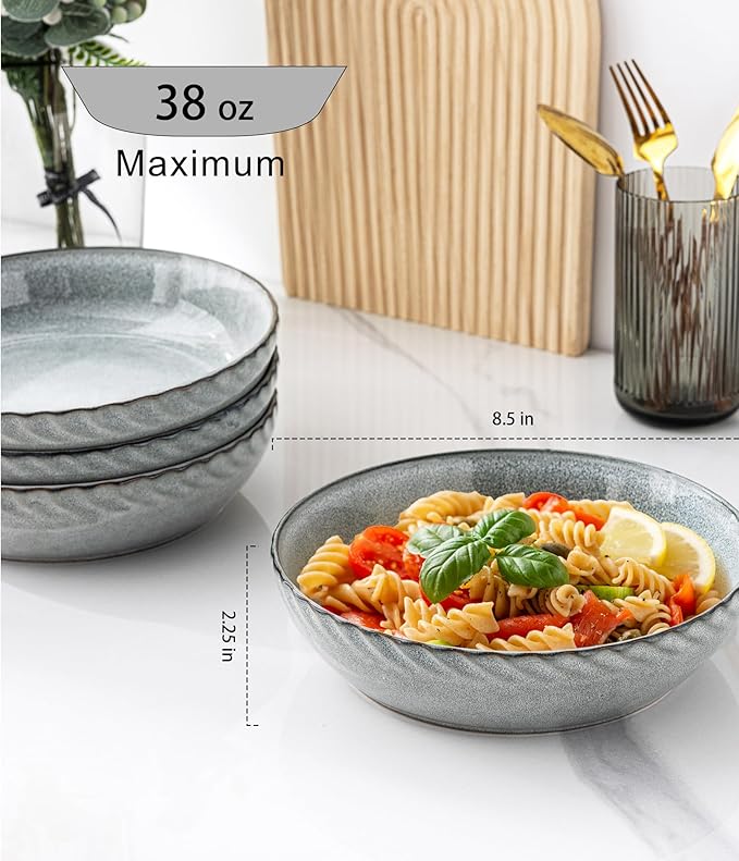 GBHOME 8.5-Inch Stoneware Pasta Bowls - 38 Ounce Ceramic Salad Serving Bowls, Set of 4