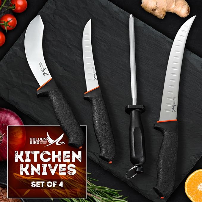 Golden Bird 4-Piece Chef's Knife Set - Professional BBQ and Butcher Kit