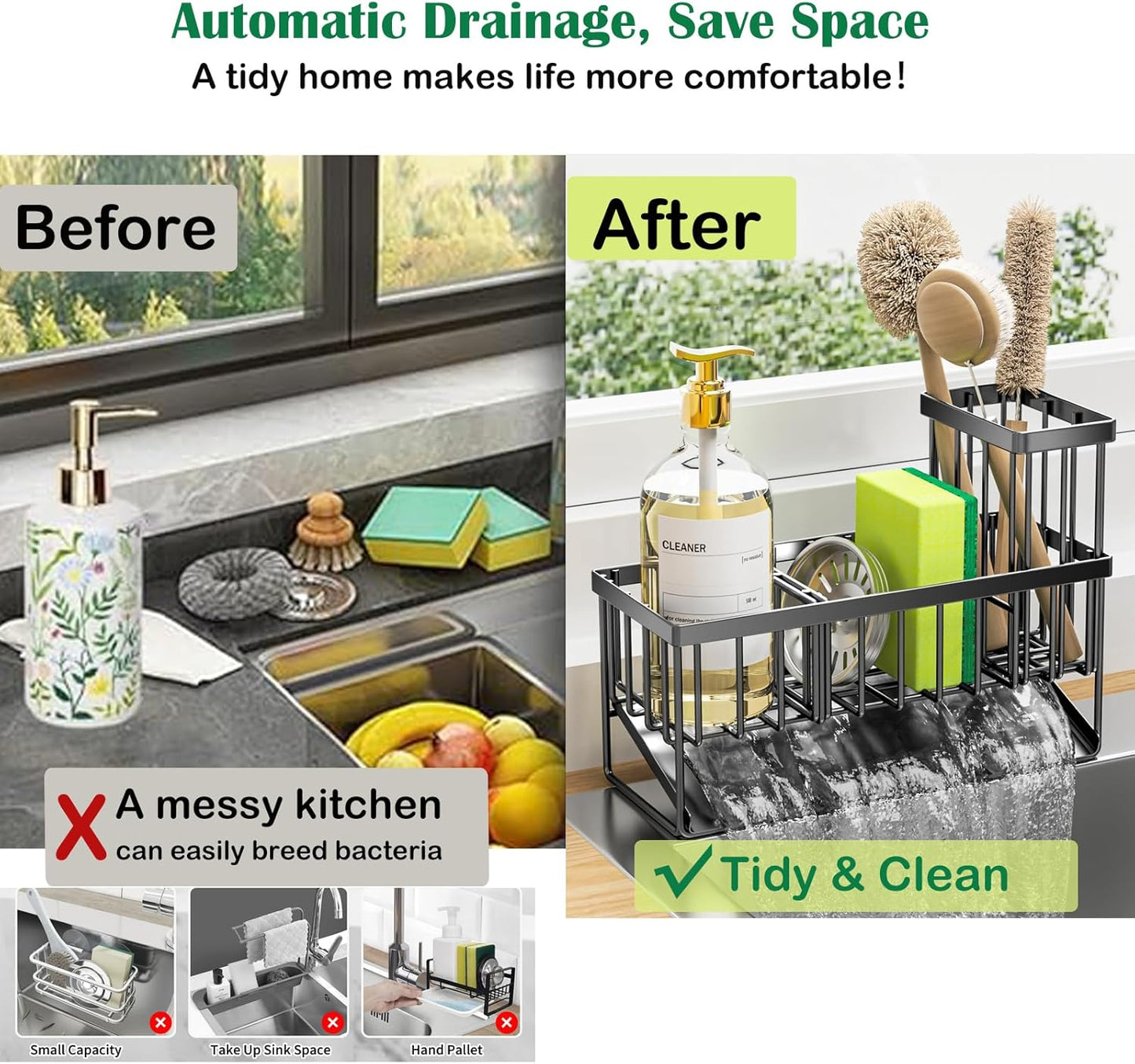 Slope-Drain Sponge Caddy with Brush Holder