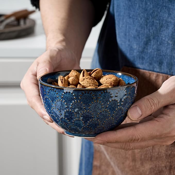 Jemirry 4-Piece Ceramic Bowl Set - 4.5" Embossed Porcelain, Blue