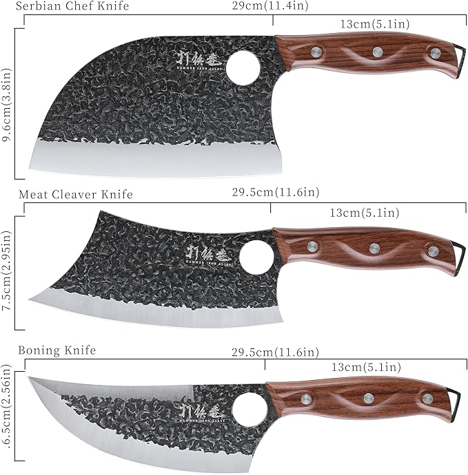 3PC Forged Butcher & Chef Knife Set with Wooden Handles