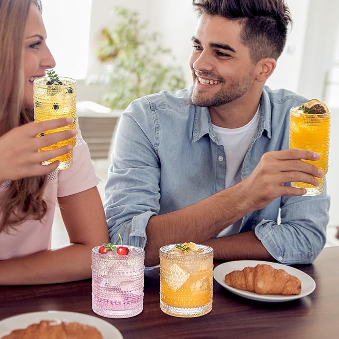 KEMORELA Classic Hobnail Drinkware Set - Crystal Clear Glass, Multipurpose Cups (4 Pack: 13 & 14 oz)