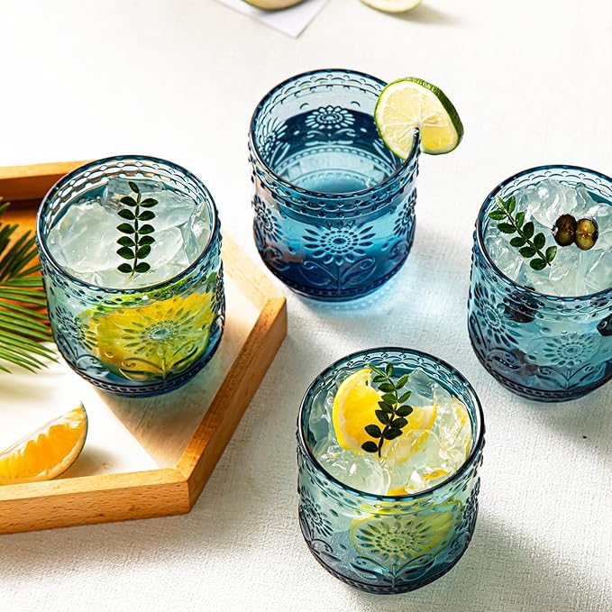 SoulTimes Vintage Floral Glass Set - 12oz Blue Glassware 4-Pack