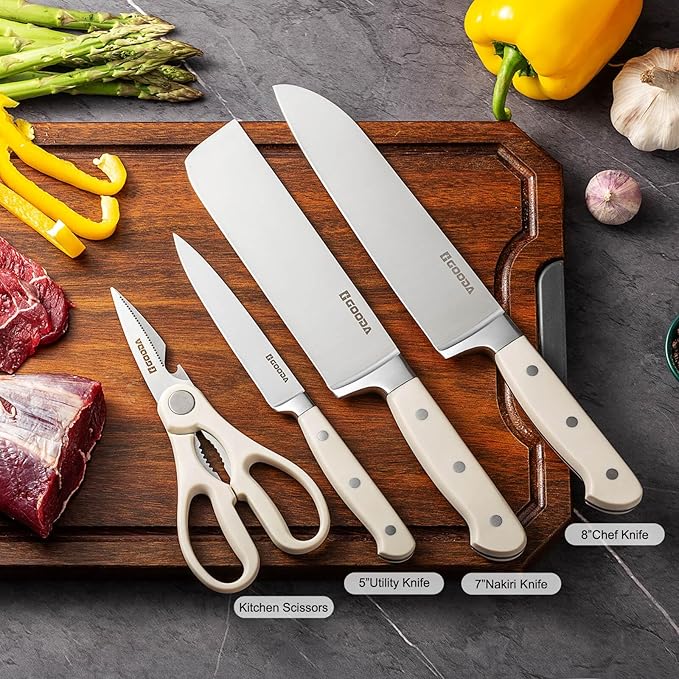 4-Piece White Knife Set with Universal Block