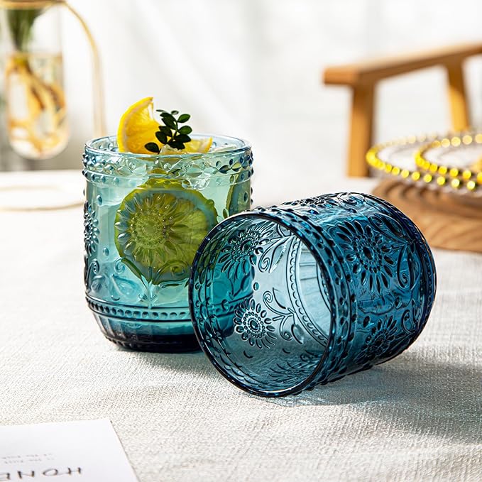 SoulTimes Vintage Floral Glass Set - 12oz Blue Glassware 4-Pack