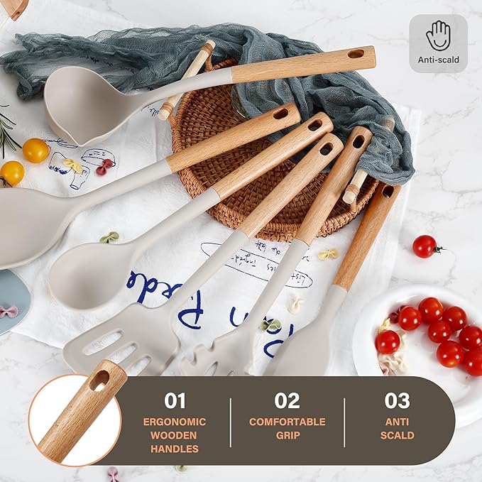 6Pc Silicone Chef's Tools Set with Wooden Handles