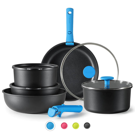 CAROTE 11-Piece Wave Blue Cookware Set with Detachable Handles