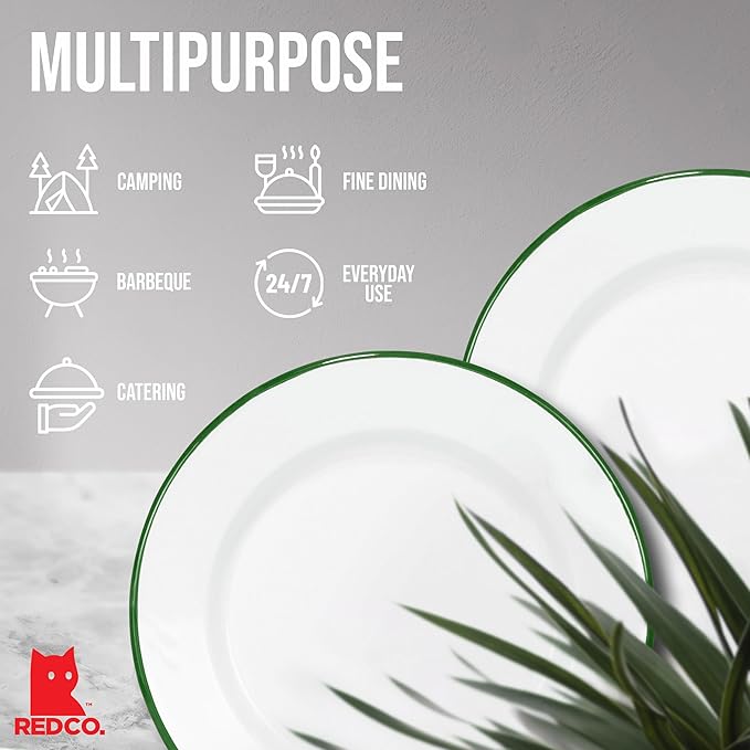 Red Co. Classic 10" Enamel Dinner Plates - White with Green Rim