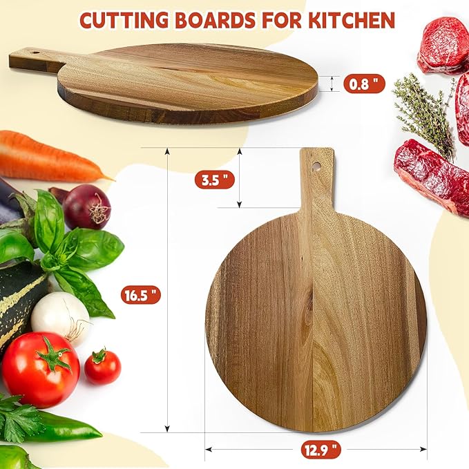 Acacia Elegance Round Cutting Board 16.5x13 - Large Wood Board with Handle