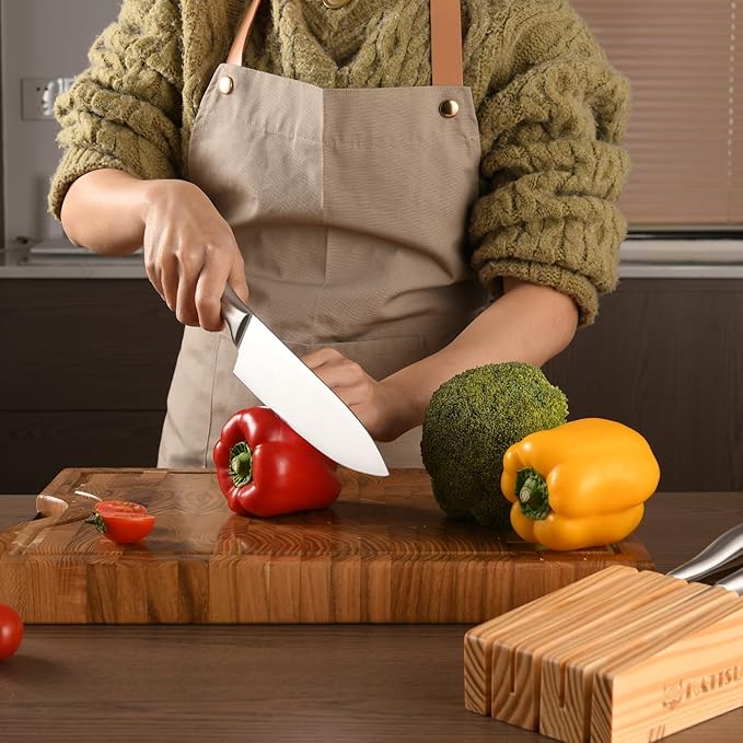 KATISUN 6-Piece Chef's Knife Set with Pine Block Organizer