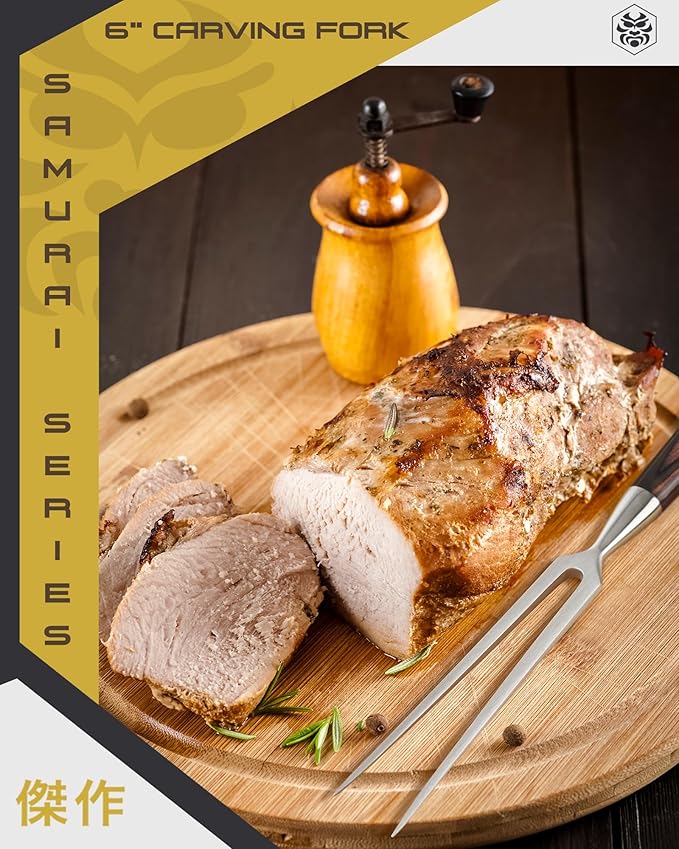 KESSAKU Meat Fork - 6 inch - Samurai Series - Dual-Prong Carving & BBQ Fork - Forged High Carbon Stainless Steel - Wood Handle