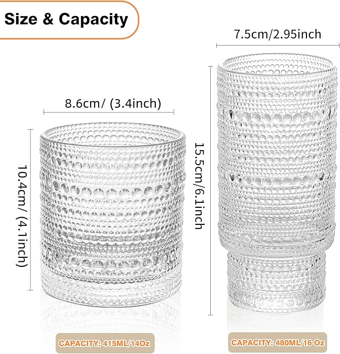 KEMORELA Classic Hobnail Drinkware Set - Crystal Clear Glass, Multipurpose Cups (4 Pack: 13 & 14 oz)