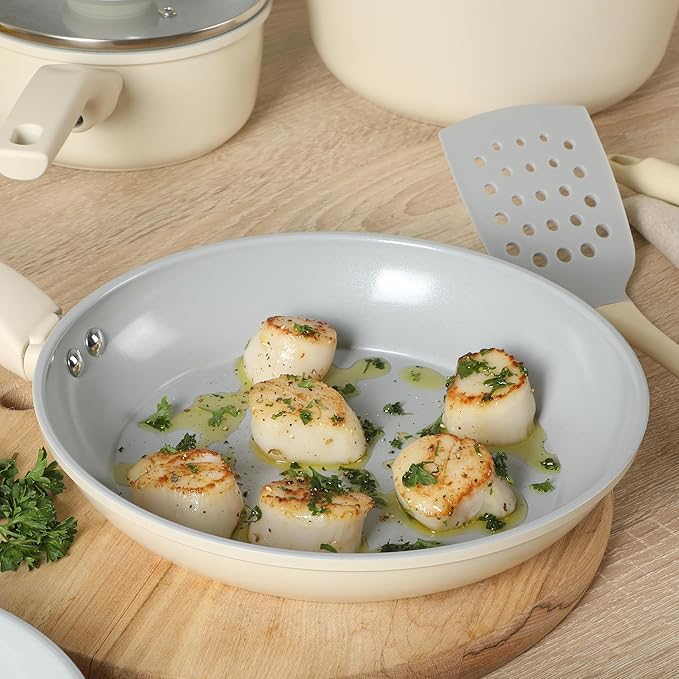 Gibson Home Barnsdall 10-Piece Deluxe Ceramic Cookware Set - Linen White/Grey