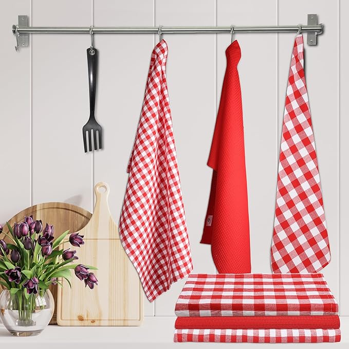 Gratico Soft Cotton Kitchen Towel 6-Pack - Red/White Checks