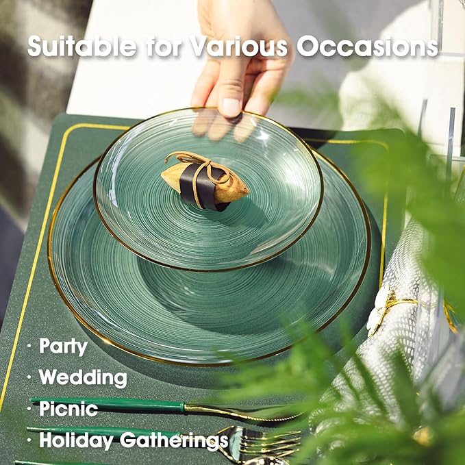 Elegant Green 100PC Plastic Plate Set with Gold Rim