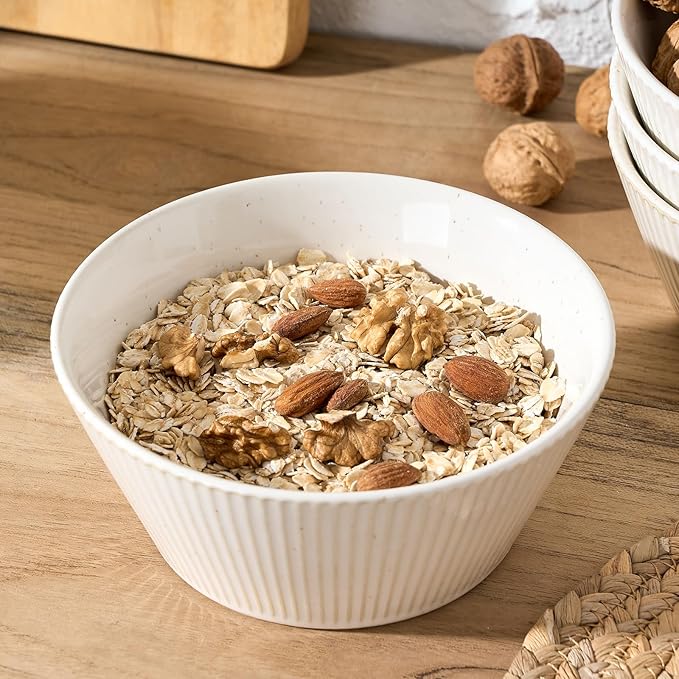 JIEMEI Striped Ceramic Bowls 24oz - Set of 4 for Soup, Salad, Dessert - Microwave & Dishwasher Safe