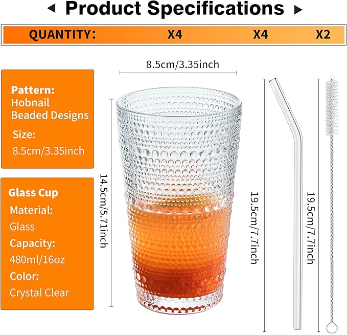 KEMORELA Classic Hobnail Tumblers - 4-Pack with Straws for Cocktails & More