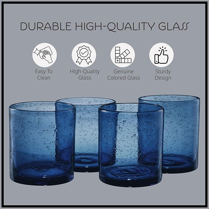 ARTLAND 14oz Slate Blue Old Fashion Glass Set | Iris Seeded Design | Versatile Barware